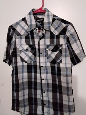burnside Men’s Black, White & Light Blue Plaid Short-Sleeve Button-Up Shirt
